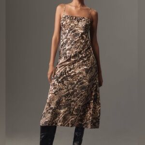 🟠NWT ANTHROPOLOGIE Square Neck Midi Slip Dress in Snake Print SMALL